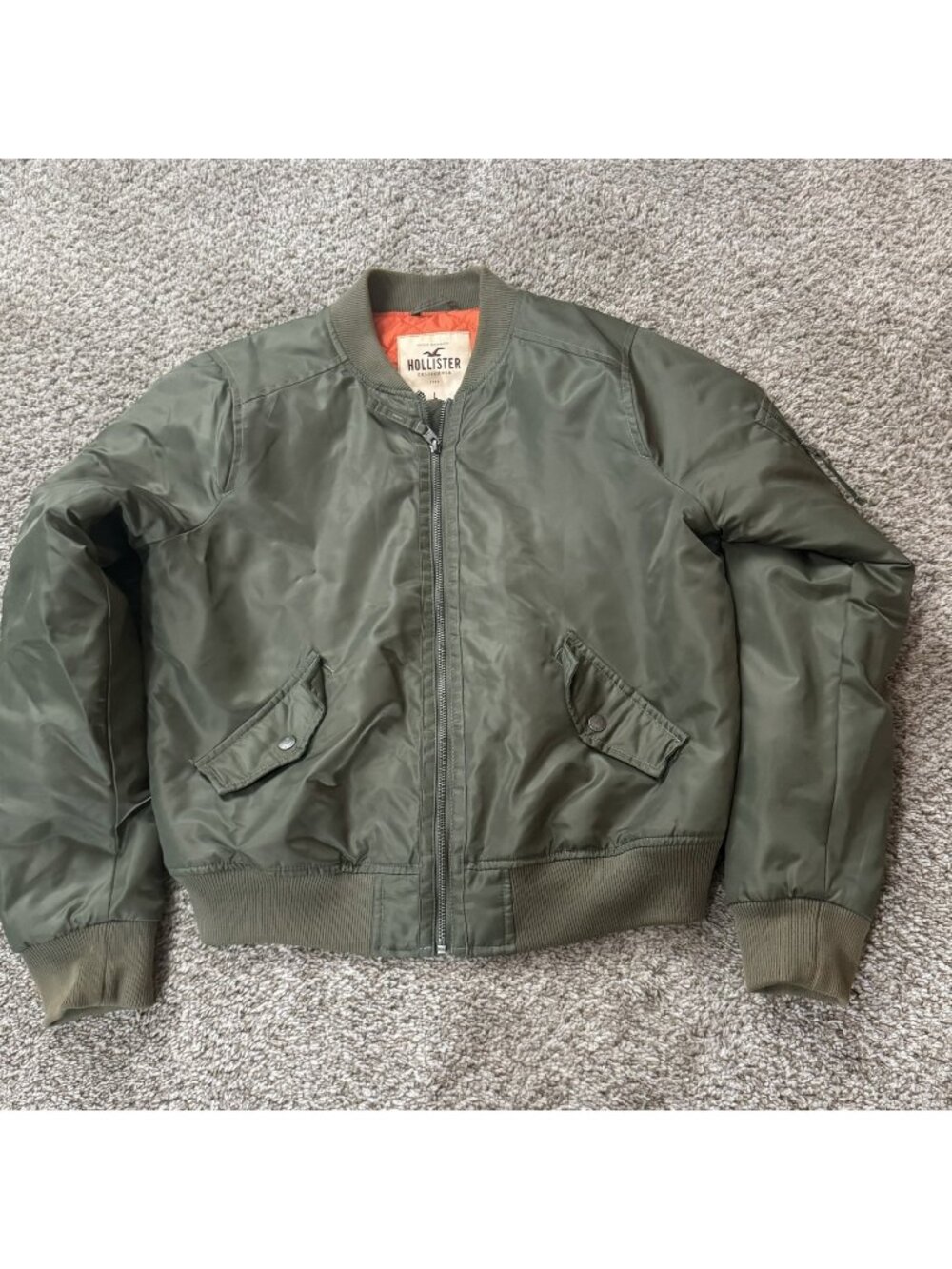 Hollister Flight Bomber Jacket Women's Large Olive Green Quilted Orange Lining